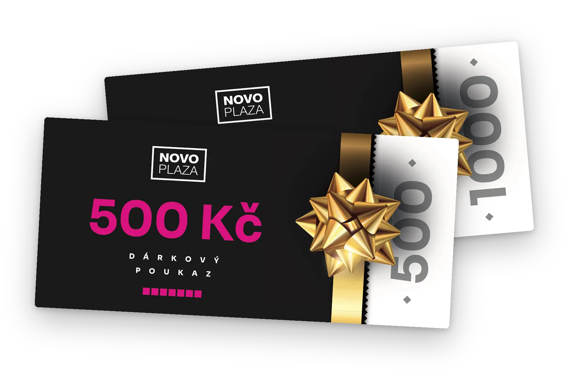 Dárkové poukazy Novo Plaza v hodnotě 500 Kč a 1 000 Kč: černý poukaz se zlatou stuhou a mašlí